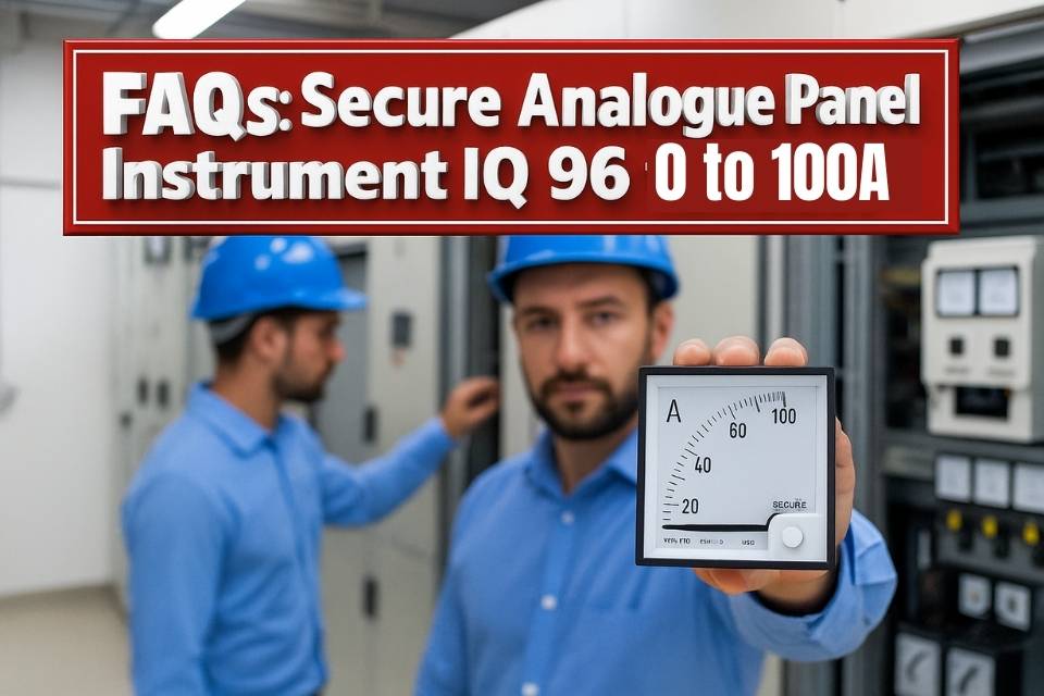 Two electrical engineers in blue shirts and safety helmets inspecting a control panel; foreground shows one holding the Secure Analogue Panel Instrument IQ 96 (0–100 A) under a red banner reading FAQs: Secure Analogue Panel Instrument IQ 96 0 to 100 A