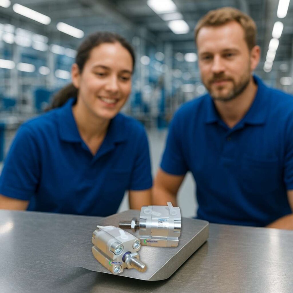 Festo ADVU-25-25-A-P-A Compact Air Cylinders on steel table with two blue-uniformed technicians in an automation factory, listed on Industrial Products India