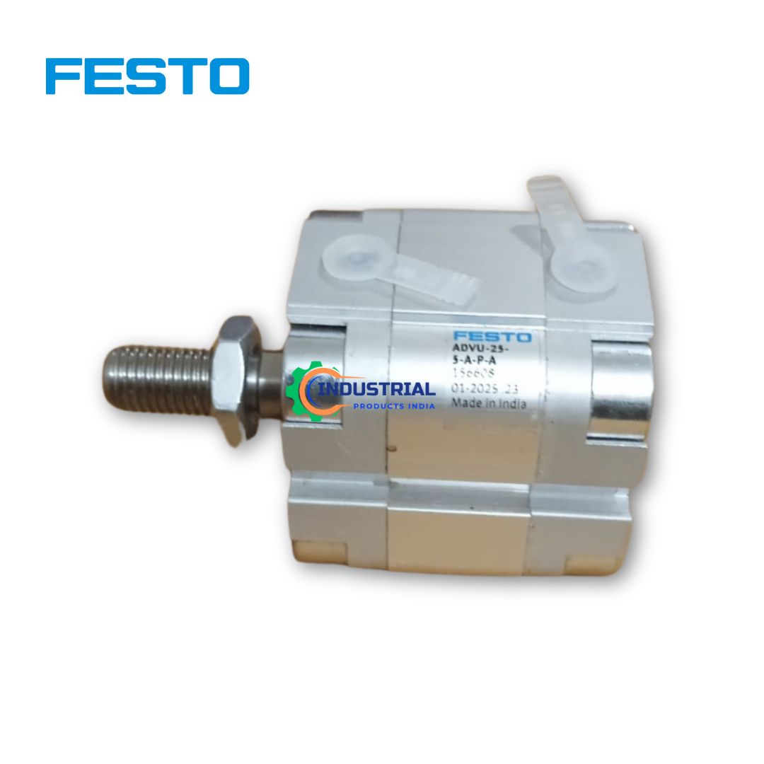 Festo ADVU-25-25-A-P-A Compact Cylinder labeled "Made in India", shown with external thread piston rod on Industrial Products India