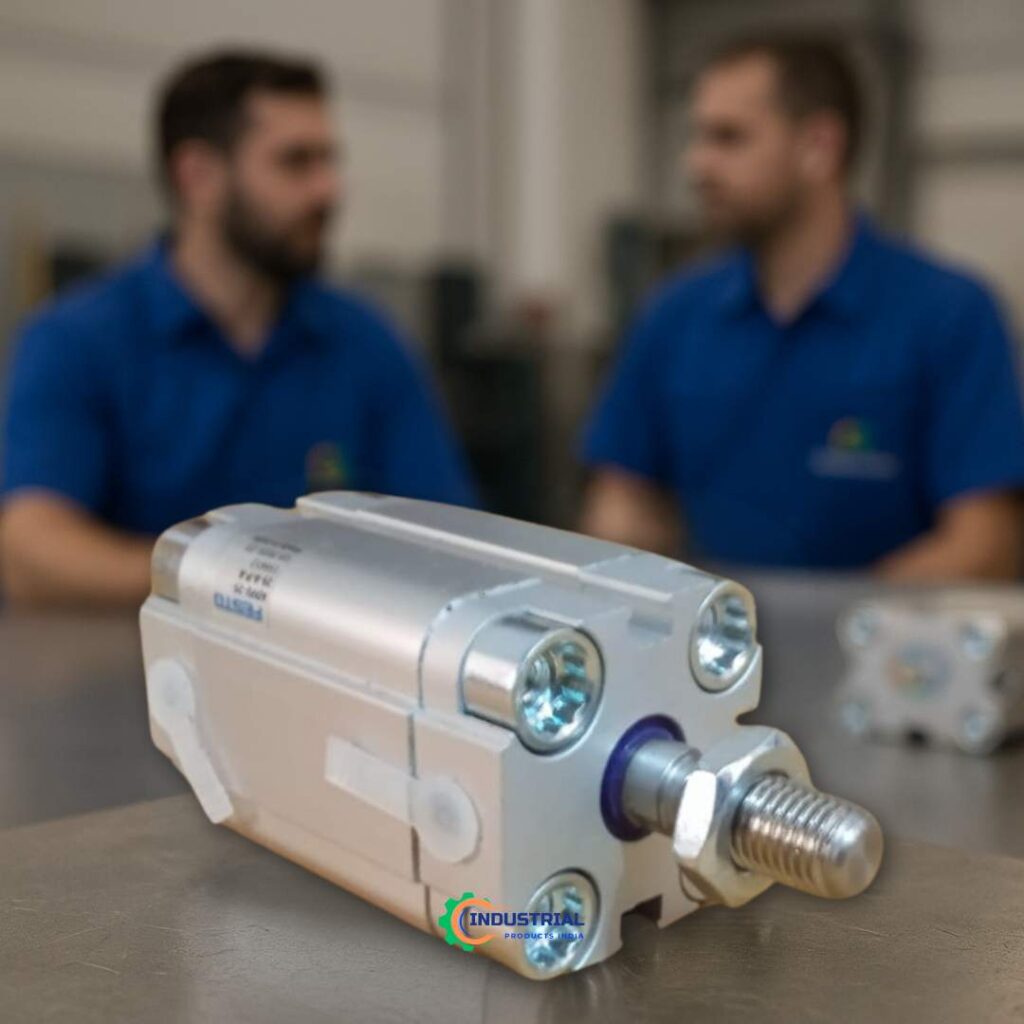 Festo ADVU-25-25-P-A compact cylinder on steel table with technicians in blue uniforms – Industrial Products India