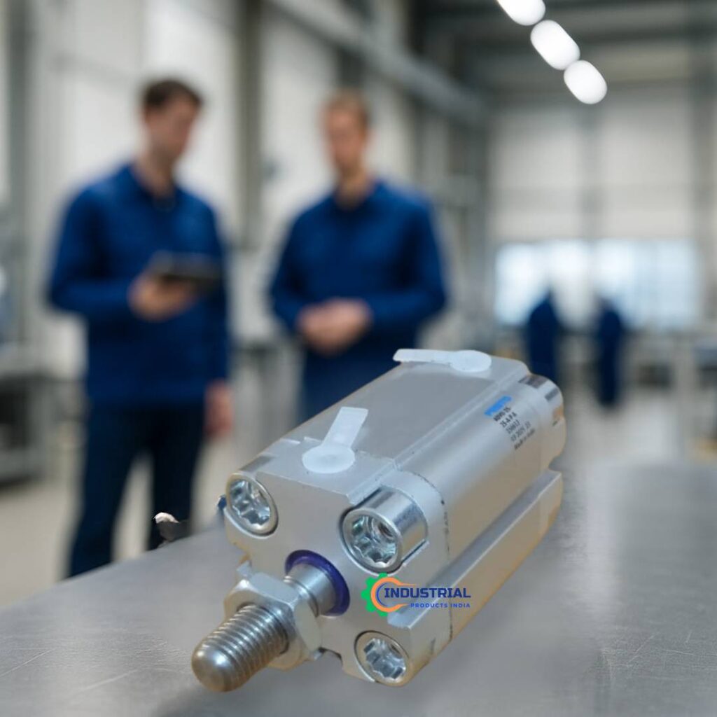 Festo ADVU-25-10-A-P-A compact air cylinder on steel table in industrial setting with technicians