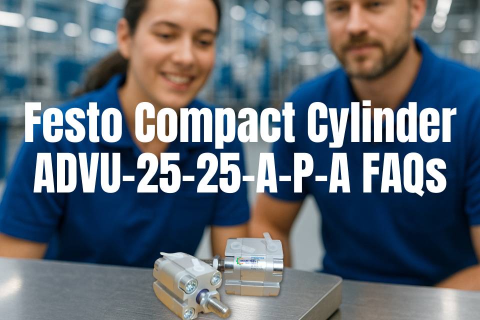 Festo ADVU-25-25-A-P-A Compact Air Cylinder FAQs image with technicians and product display on Industrial Products India