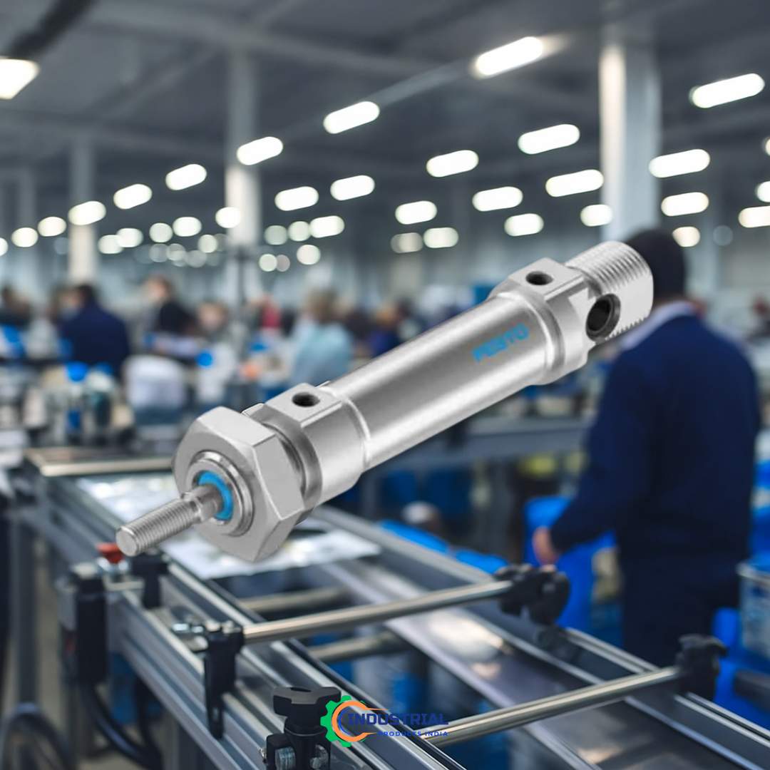 Festo DSNU-16-15-P-A cylinder installed in packaging machinery with busy manufacturing background