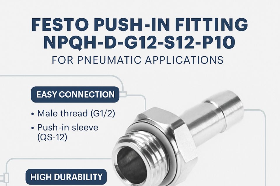 Infographic of Festo Push-In Fitting NPQH-D-G12-S12-P10 showing easy connection and high durability features