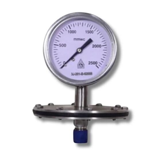 H Guru Schaffer diaphragm pressure gauge with stainless steel case, 0–2500 mmWC dial, SS 316L diaphragm, direct bottom‑entry connection