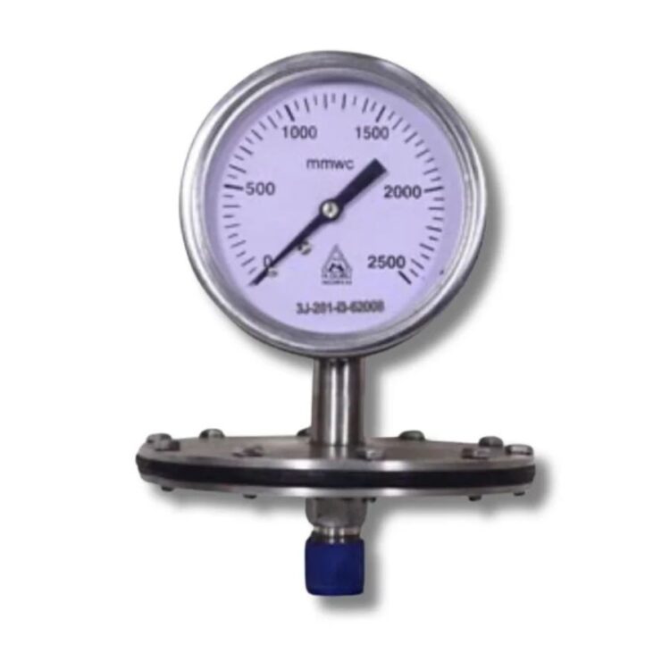 H Guru Schaffer diaphragm pressure gauge with stainless steel case, 0–2500 mmWC dial, SS 316L diaphragm, direct bottom‑entry connection