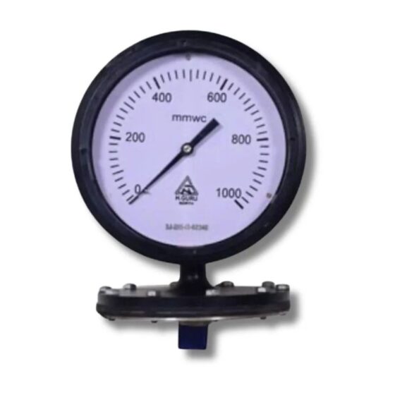 H Guru Schaffer diaphragm pressure gauge with white 0–1000 mmWC dial, black bezel, SS 316 diaphragm sensing element, direct bottom entry