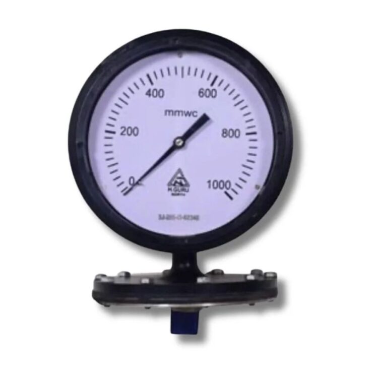 H Guru Schaffer diaphragm pressure gauge with white 0–1000 mmWC dial, black bezel, SS 316 diaphragm sensing element, direct bottom entry