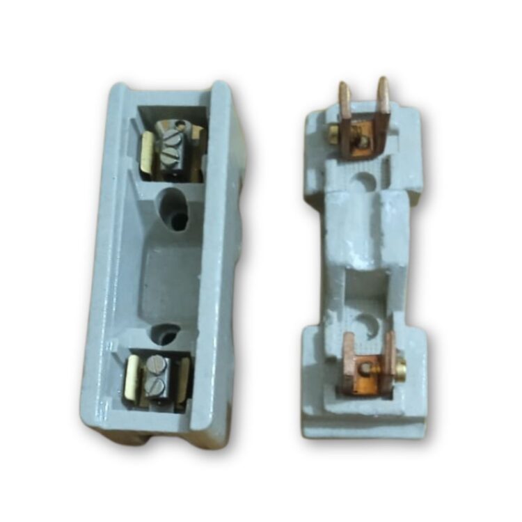 Top view of 32 Amp KitKat porcelain fuse unit with ceramic base and copper terminals