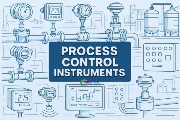 Blue line‑drawing illustration of various process control instruments (pressure gauges, transmitters, control valves, HMI panel, storage tanks) in an industrial scene with “Process Control Instruments” in bold 3D letters