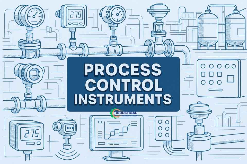 Blue line‑drawing illustration of various process control instruments (pressure gauges, transmitters, control valves, HMI panel, storage tanks) in an industrial scene with “Process Control Instruments” in bold 3D letters