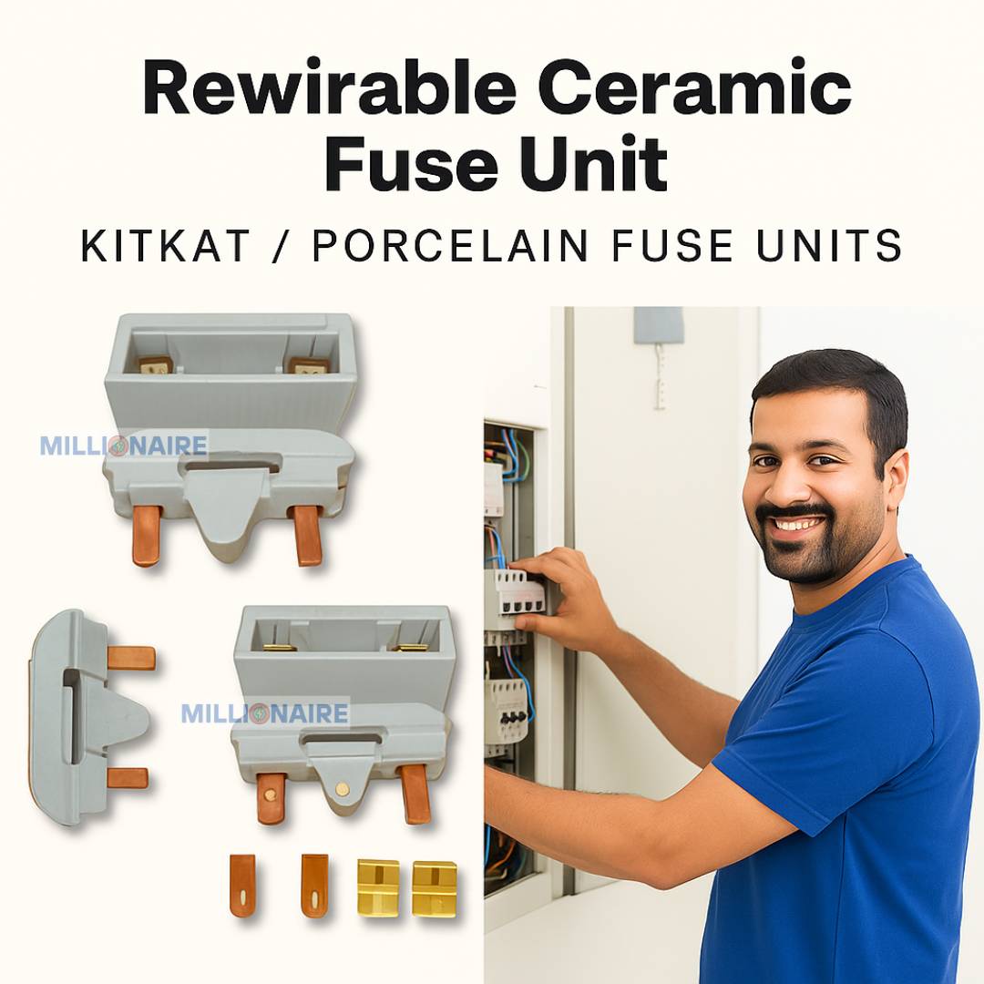 Indian electrician working near panel with rewirable ceramic KitKat fuse unit and connectors