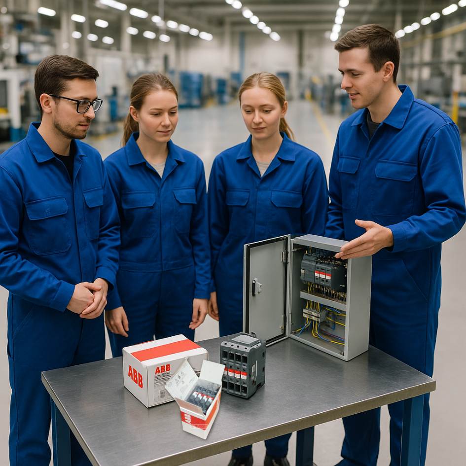 Technicians inspecting ABB N40E contactor relay and control cabinet in factory – Industrial Products India