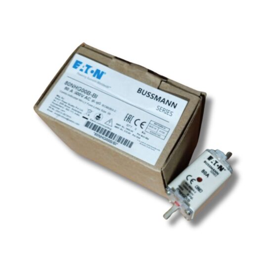 Box of Eaton Bussmann Series 80NHG00B Low Voltage NH Fuses with a single fuse, showcasing product packaging for industrial distribution in India
