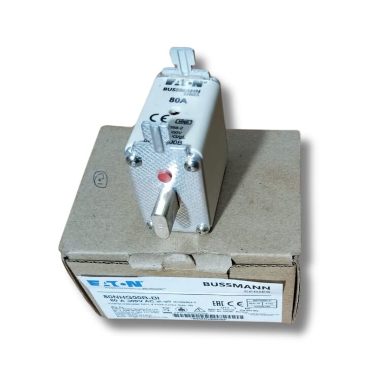 Eaton Bussmann Series 80NHG00B Low Voltage NH Fuse on its original packaging, demonstrating authenticity for industrial use in India
