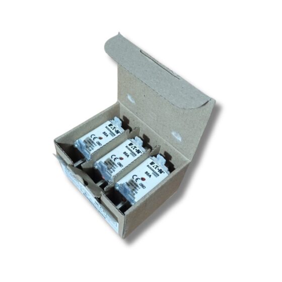 Pack of three Eaton Bussmann Series 80NHG00B 80A Low Voltage NH Fuses, showing bulk packaging for industrial applications in India