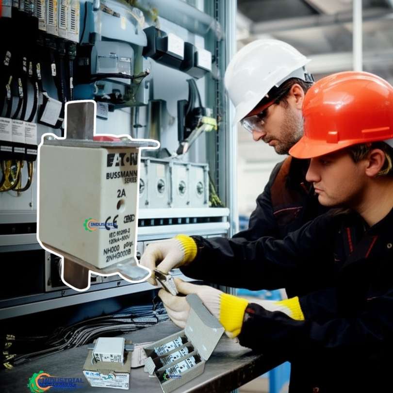 Two Electrical Engineers Inspecting an Eaton Bussmann Fuse in an Automation Factory